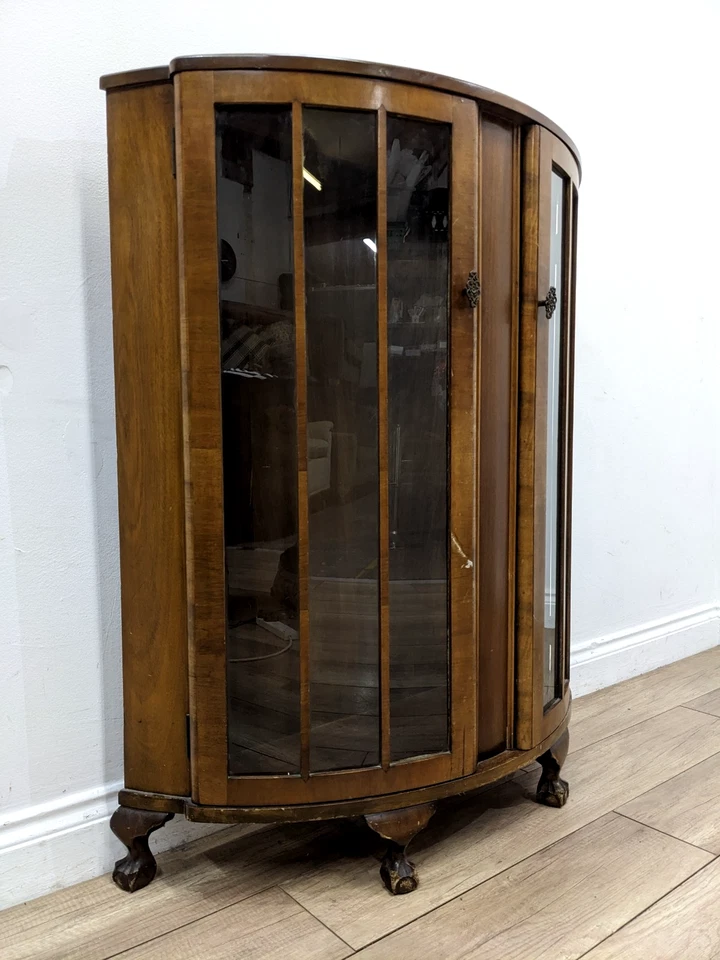 DISPLAY CABINET Antique Walnut Door Bow Front Claw Bookcase Deco FREE DELIVERY - Image 2 of 4