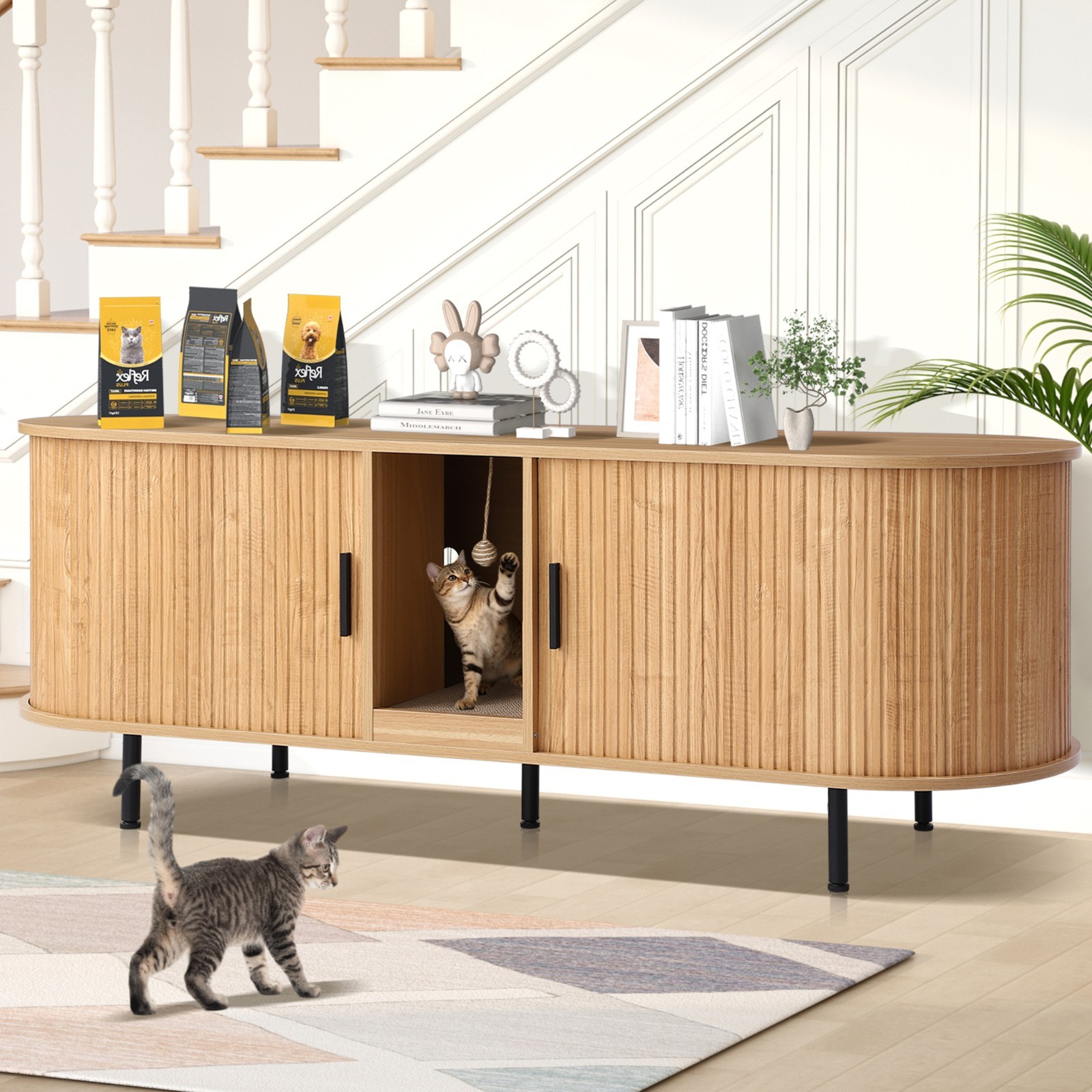 Enclosure For 2 Cats With Sliding Doors, Fluted Litter Box