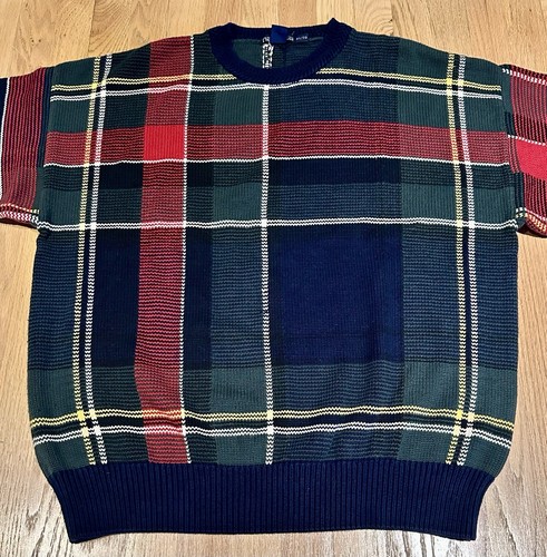 Vintage Nautica 90's Crewneck Sweater Green Blue Red Yellow Plaid Men XL Cotton - Picture 11 of 15