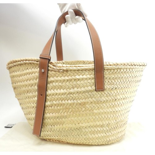 LOEWE Medium Basket Bag Natural Tan Palm Leaf Calf Leather Tote Handbag Auth
