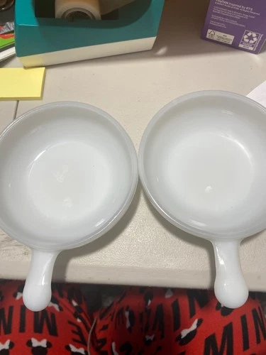 Set Of 2 Vintage White Milk Glass Glasbake Ovenware J-2663 W/ Handle Bowls