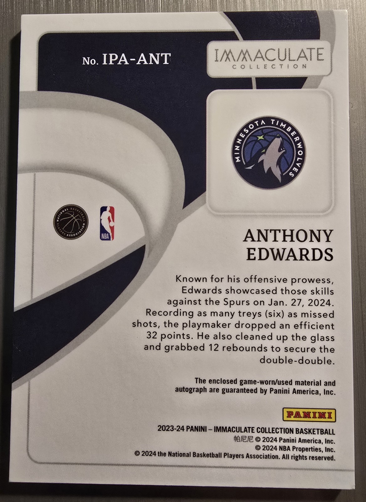 2023-24 Panini Immaculate Anthony Edwards Patch Auto /20 #IPA-ANT Timberwolves view 9