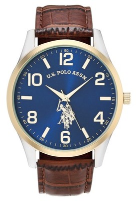 U.S. Polo Assn. Men's Analog Dress Watch with Blue Sunray Dial Gold-Tone Gold