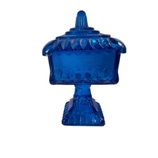 Vintage Cobalt Blue Glass Candy Dish Pedestal Covered Compote Decor WEDDING box