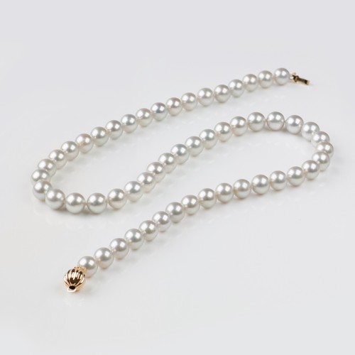Luster! 7.5-8mm Silver Japanese Akoya Pearl Strand Necklace 14K Yellow Gold, 18" - Picture 4 of 7