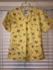 SB Scrubs Scrub Top Yellow With Butterflie Print  A Tie In Back Size S EUC