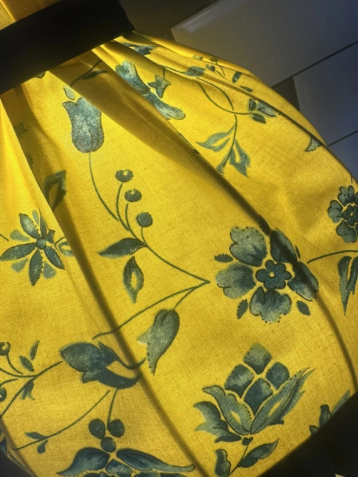 Vintage Yellow And Blue Floral Fabric Lampshade Ruffled Trim - Image 4 of 4