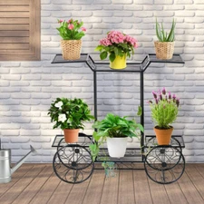 Garden Cart Metal Plant Stand Flower Display Rack Shelf with 4 Decorative Wheels