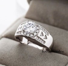 2CT Round Lab-Created Diamond Halo Engagement Wedding Men's Ring 925 Silver