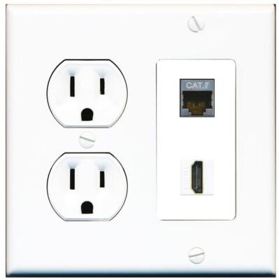 2 Port Electrical Outlet Cover Plug Round White UL CAT7 HD Wall Plate