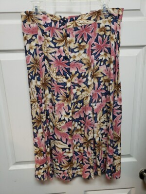 Vintage 1990s Floral Skirt L Long Radcliffe Women Pink Beige Blue Front Button 
