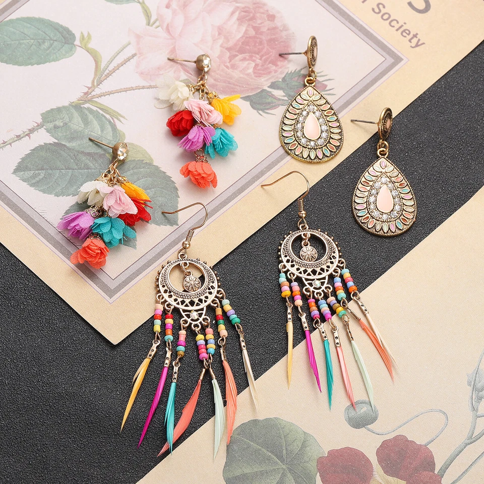 Juego de Pendientes de Pluma Vintage para Mujer Boho Gitano Colorido Borla 3 Piezas Joyería Foto 2 de 4