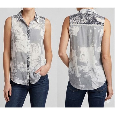 Hem & Thread Womens Small Button Front Sleeveless Top Polyester Cotton Gray