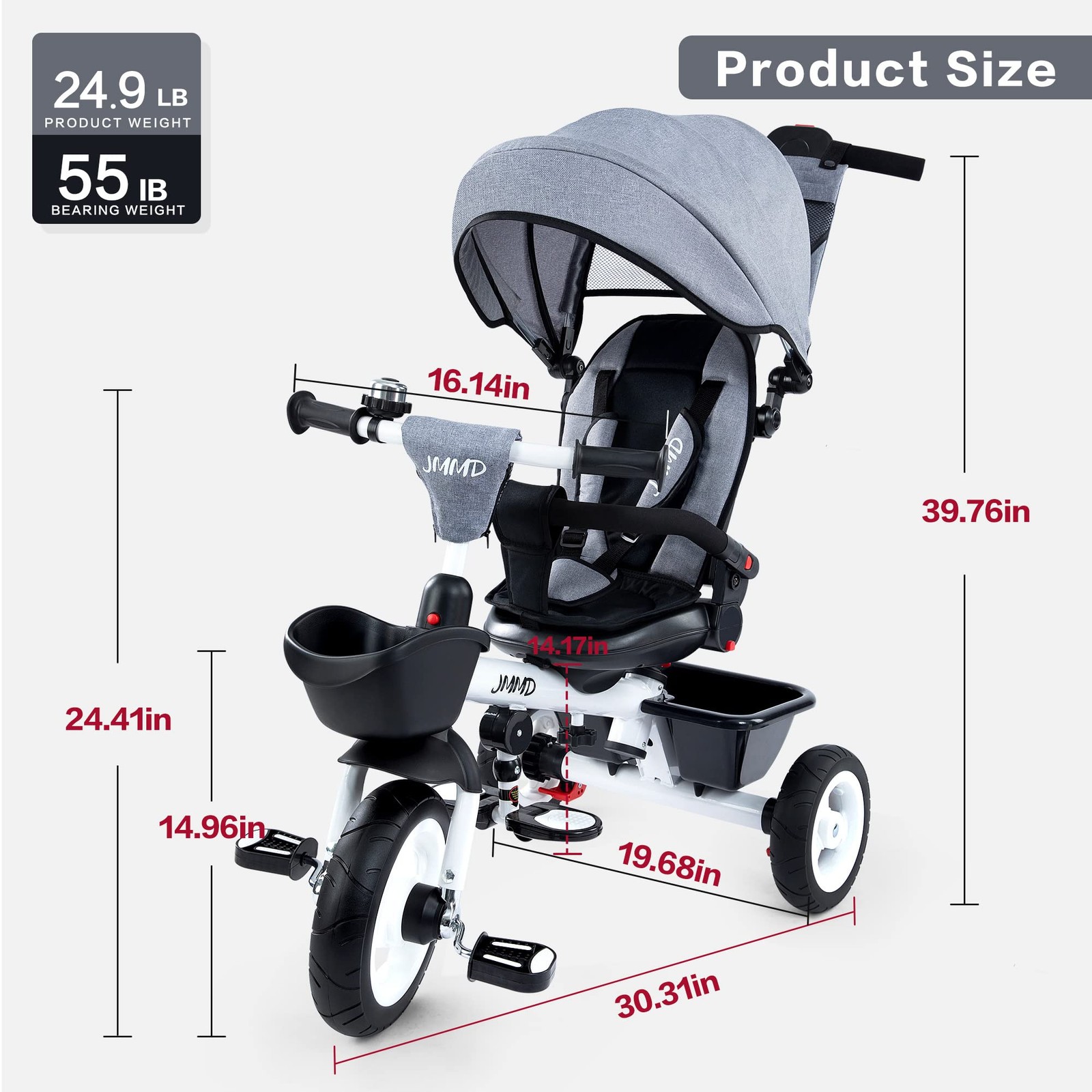 Baby Trike, 6-in-1 Kids Tricycle with Adjustable Push Handle, Removable Canop...