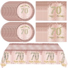 41 PCS Rose Gold 70th Birthday Decorations Women Tableware Plates Napkins Set