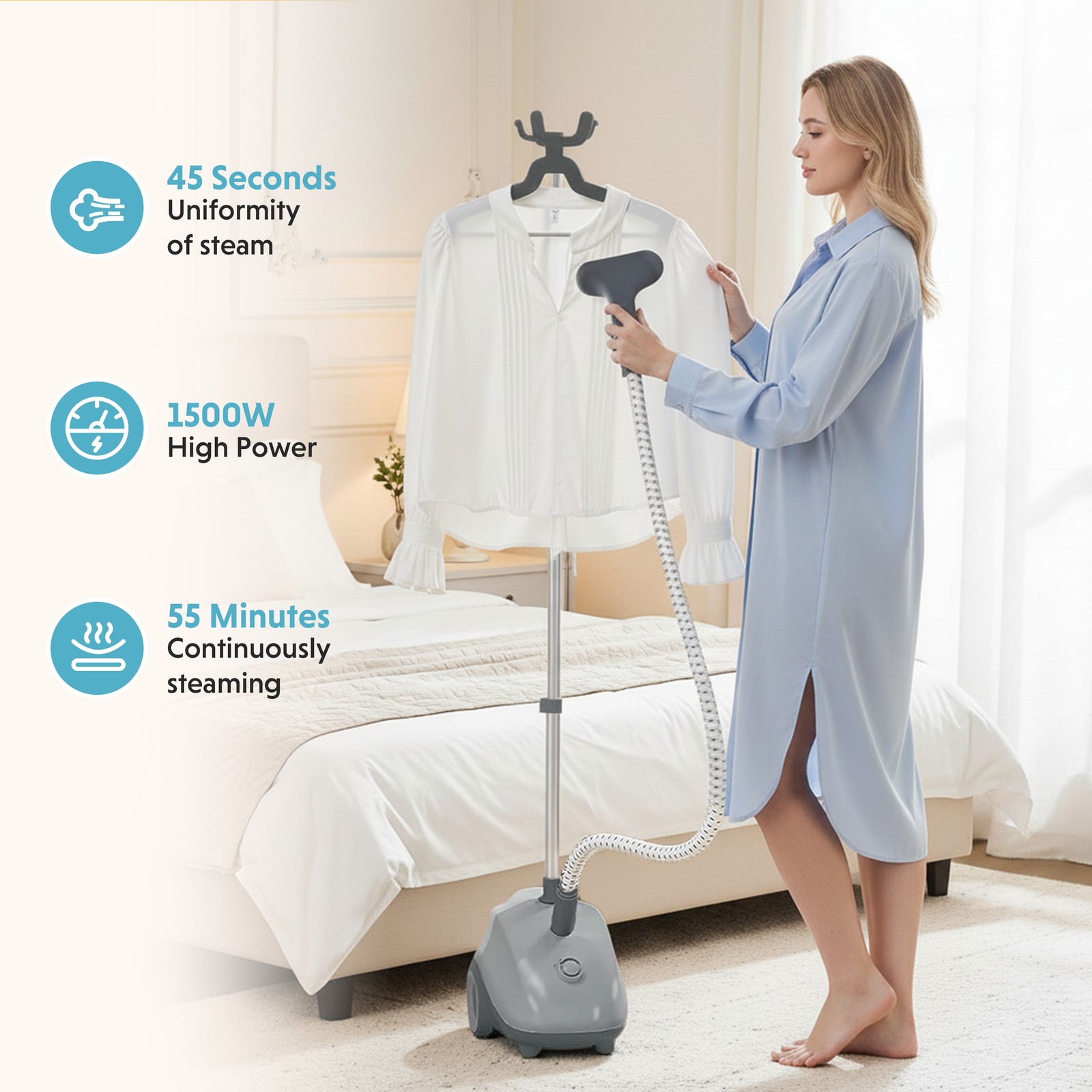 Standing Garment Steamer for Clothes with Wheels, 1500W Powerful Steam Grey