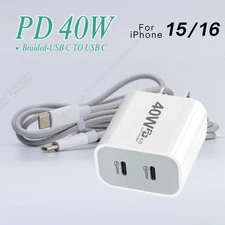 40W Dual USB-C Fast Charger Cube PD Type-C Cable For Samsung S25 S24 S23 Android