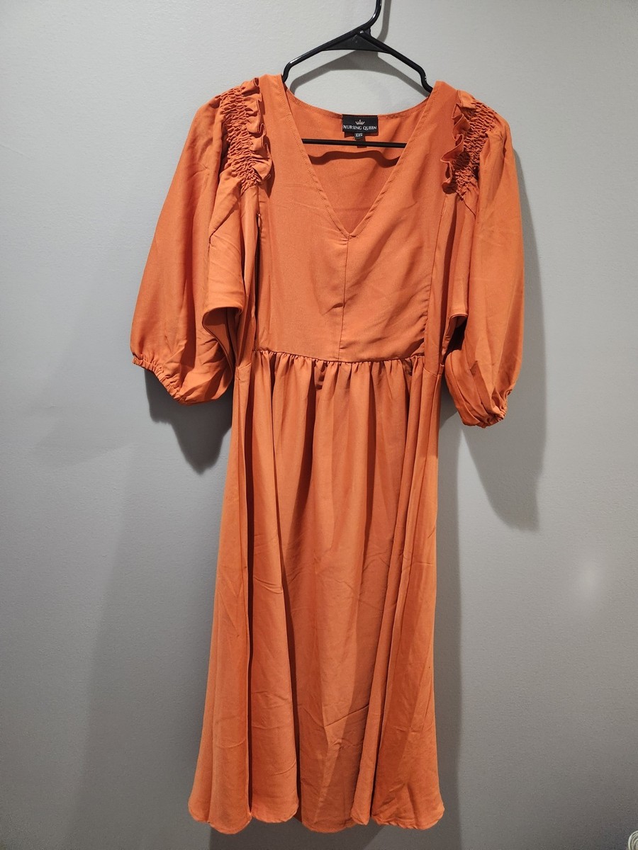 Nursing Queen Smocked Burnt Orange Midi Dress XXS Solid Color | eBay