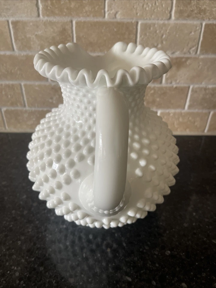 Vintage Fenton Hobnail Milk Glass Large Handled Pitcher Crimped Rim 8” - Image 4 of 4