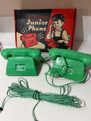 Vintage Boxed 1960s 70s Battery Operated Toy Junior Phones Art Deco Green