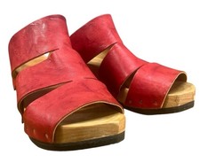 CYDWOQ Anchor Sandals Red Leather Wood Wedge 39.5 / 9.5