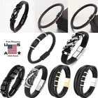 Men's Stainless Steel Leather Braided Bracelet Clasp Bangle Wristband USA