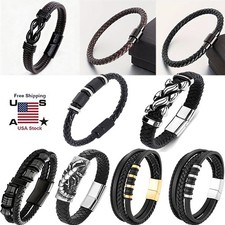 Men's Stainless Steel Leather Braided Bracelet Clasp Bangle Wristband USA