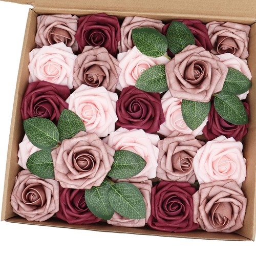 Artificial Flowers 25PCS Real Looking Blush & Dusty Rose & Burgundy ...