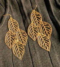 Gold Tone 4 Leaves Dangle Earrings Filigree Chandelier Boho Statement Earrings