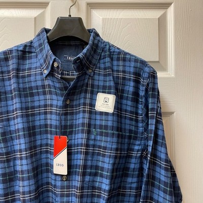 Izod Shirt Men's Large Blue Plaid Button Down Long Sleeve Casual Pocket Collar