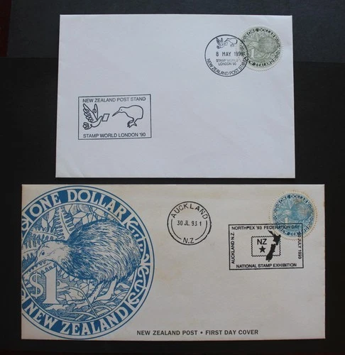 NEW ZEALAND - 1990-93 SCARCE 2 DIFF $1 ROUND KIWI EXHB. FIRST DAY COVERS RR