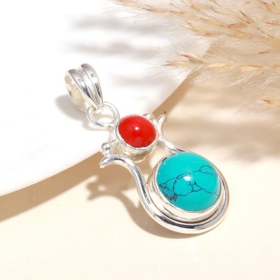 925 Sterling Silver Turquoise & Red Coral Gemstone Fashion Women Pendant
