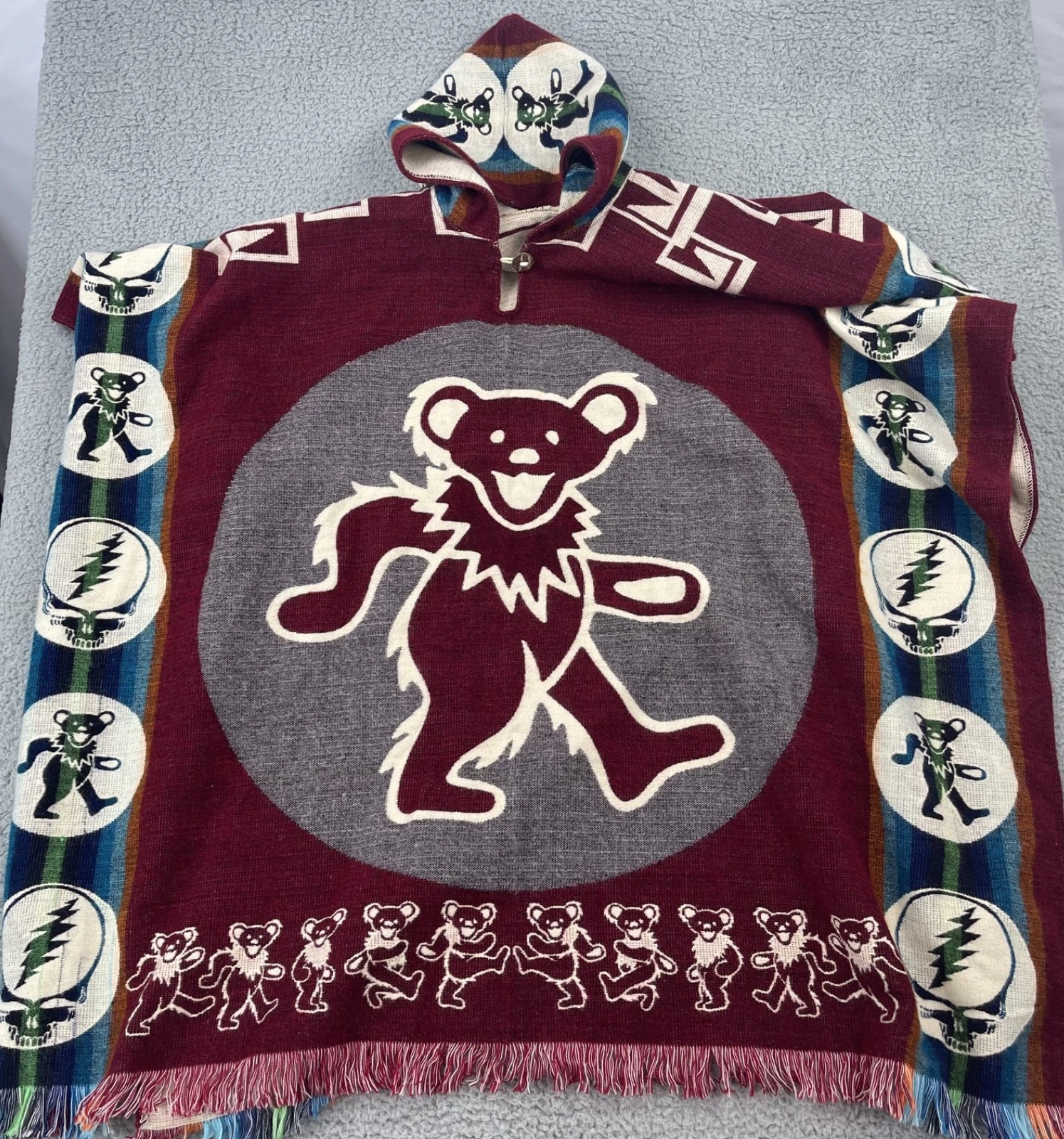 Ecuadorian Hand Woven Poncho with Hood Grateful Dead One Size Wool Dancing Bear
