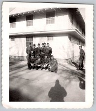 Vtg B W Snapshot Group Of Soldiers in Uniform Outside Barracks Building 1940s