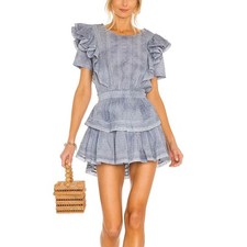LoveShackFancy Natasha Mini Dress Washed Denim Blue Ruffle Sz Large