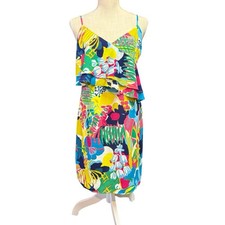 J.Crew Dress Ruffle Front Bright Multi Floral Spaghetti Strap Midi Size 4