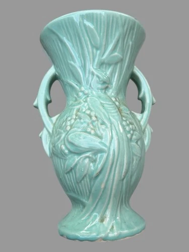 Vintage McCoy Embossed Decorated Bird of Paradise 8” Handled Art Pottery Vase