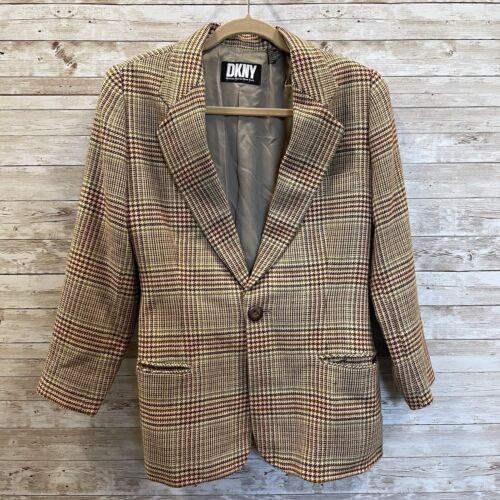 Vintage DKNY Womens Size 2 Blazer Wool Cashmere Brown Plaid Donna Karan New York