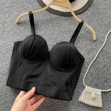 Lady Solid Folds Corset Bra Spaghetti Straps Tank Top Push Up Bustier Bralet Top