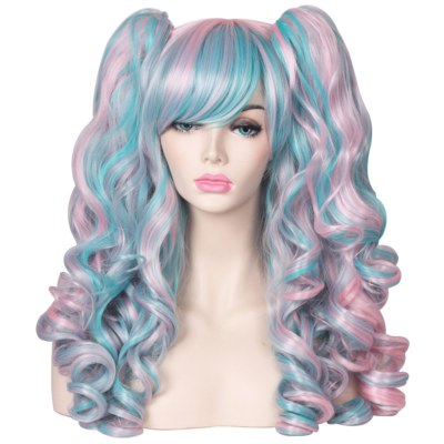 Colorground Long Curly Cosplay Wig with 2 Ponytails(Pink  display picture 1
