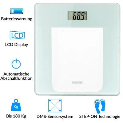 MONZANA Personenwaage Waage Körperwaage Digital Gewichtswaage Badezimmer 180kg Glas weiß