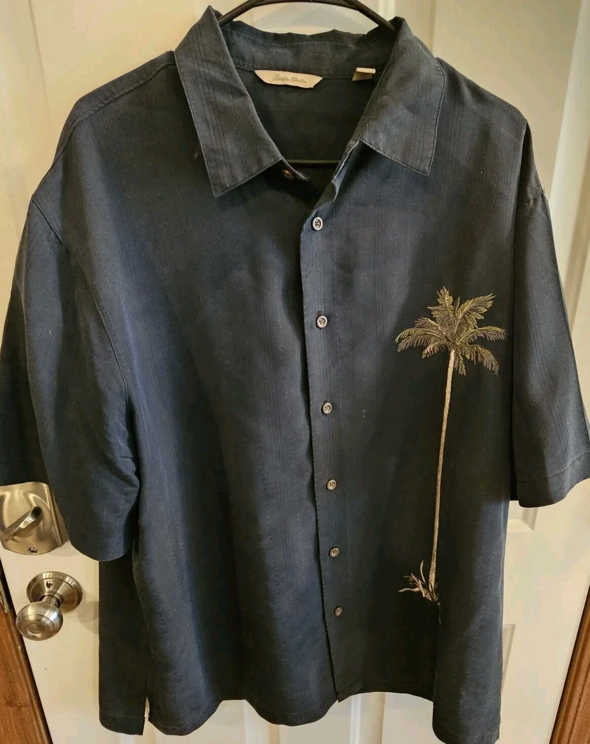 PARADISE COLLECTION NAVY Mens XL palm Tree Vacation Cruise Shirt S/S (T6)