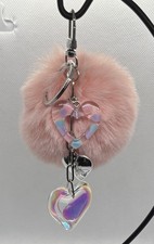 Heart Iridescent Rhinestone Pink Pom Pom Silver-tone Keychain Bag Charm