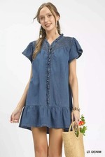 Umgee 100% Cotton Blue Denim Ruffled Collar Flared Short Sleeve Ruffle Hem Dress
