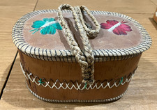 Antique Ojibwe Canadian Birch Bark Porcupine Quills Lidded Basket w/Handle