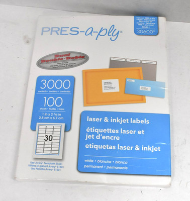 AVery Pres-A-Ply 3000 Labels Address Labels 1'' x 2-5/8'' Laser & Inkjet White