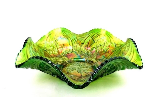 Millersburg Carnival Glass Green Iridescent Whirling Leaves 10" Bowl 1909-1911