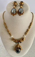 Vtg West Germany Hematite Glass Cabochon Filigree Necklace Clip Earrings Set