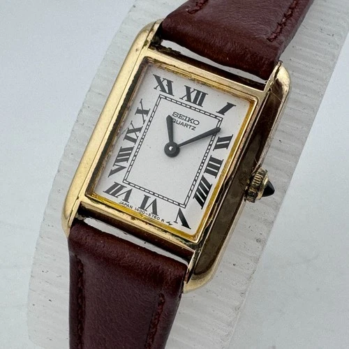 VTG Seiko Quartz Watch 1400-8069 Women Gold Tone Rectangle Leather New Battery