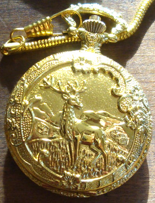 Hanslin Goldtone Pocket Watch Elk Nature Scene (Needs Battery) NOS in Box
